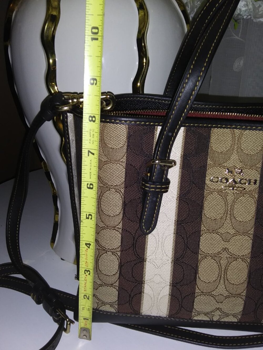 New Coach Signature Stripe Small Satchel in Brown/Black with Canvas Print - Picture 9 of 11